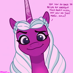 Size: 2480x2480 | Tagged: safe, artist:starburstuwu, opaline arcana, alicorn, pony, g5, :3, bust, cute, dialogue, eyeshadow, female, full face view, high res, implied misty brightdawn, looking at you, makeup, mare, opalinebetes, pink background, portrait, scene interpretation, simple background, smiling, smiling at you, solo