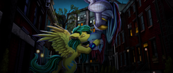 Size: 4560x1924 | Tagged: safe, artist:pridark, oc, oc only, oc:downpour, oc:lunar dusk, bat pony, pegasus, pony, alley, building, city, eyes closed, female, fluffy, kissing, mare, marvel, night, spider-man, spider-pony, upside down, upside down kiss, wings