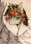 Size: 2682x3749 | Tagged: safe, artist:hysteriana, oc, oc:scroll notice, oc:svetomech, alicorn, pony, colored, detailed, ear fluff, eyebrows, eyelashes, feather, feathered wings, full color, gift art, gray coat, green eyes, halfbody, high res, horn, horn ring, jewelry, male, male alicorn, multicolored hair, ring, shiny, simple background, solo, spread wings, stallion, sternocleidomastoid, traditional art, white background, wings