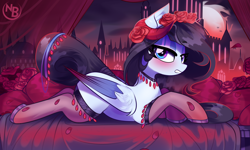 Size: 4156x2489 | Tagged: safe, artist:nevobaster, oc, oc:marshmallow ghost, pegasus, pony, bedroom eyes, castle, clothes, female, flower, horn, jewelry, lidded eyes, lingerie, looking at you, lying down, moon, night, pillow, rose, solo, stockings, thigh highs, wings