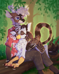 Size: 2000x2500 | Tagged: safe, artist:lionbun, oc, oc:ospreay, griffon, anthro, anthro oc, anthro with ponies, commission, cute, forest, furry, furry oc, griffon oc, head pat, high res, nature, pat, petting, purring, stag, tree