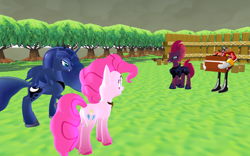 Size: 828x517 | Tagged: safe, artist:puzzlshield2, pinkie pie, princess luna, tempest shadow, pony, g4, 3d, briefcase, crossover, doctor eggman, element of laughter, fight, mmd, sonic the hedgehog (series), the legend of zelda