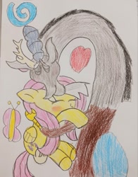 Size: 640x815 | Tagged: safe, artist:leakypipes, discord, fluttershy, butterfly, pony, g4, to where and back again, blushing, crayon drawing, eyes closed, female, heart, holding a pony, hug, male, redraw, scene interpretation, ship:discoshy, shipping, smiling, straight, swirls, traditional art, tumblr