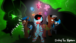 Size: 1920x1080 | Tagged: safe, artist:yamston, oc, oc only, oc:frederic bourdages, oc:giro, oc:jeromino, oc:lance greenfield, oc:omnius, oc:the nightmare, alicorn, earth pony, pegasus, pony, zebra, fanfic:living the dream, 2023, beard, blood, element of generosity, element of honesty, element of kindness, element of laughter, element of loyalty, element of magic, elements of harmony, evil smile, facial hair, fanfic art, glowing, grin, group, hat, male, red and black mane, red eyes, red stripes, scratches, sharp teeth, smiling, story included, teeth, title card, torn ear, two toned mane, zebra oc
