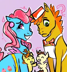 Size: 1373x1466 | Tagged: safe, artist:hotots, carrot cake, cup cake, pound cake, pumpkin cake, earth pony, pegasus, pony, unicorn, g4, confused, female, foal, grin, implied infidelity, male, mare, nervous sweat, question mark, smiling, stallion, sweat