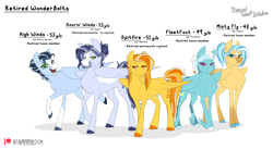 Size: 7664x4200 | Tagged: safe, artist:parrpitched, fleetfoot, high winds, misty fly, soarin', spitfire, pegasus, pony, g4, chest fluff, coat markings, concave belly, design, lidded eyes, looking at you, open mouth, open smile, redesign, reimaging, simple background, slender, smiling, socks (coat markings), thin, thin legs, white background, winged hooves, wings, wonderbolts