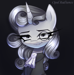 Size: 2800x2840 | Tagged: safe, artist:opal_radiance, oc, oc:fatastico, pony, unicorn, female, grayscale, high res, mare, monochrome, monocle, not sweetie belle, solo
