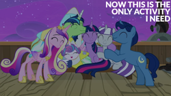 Size: 1920x1080 | Tagged: safe, edit, edited screencap, editor:quoterific, screencap, night light, princess cadance, princess flurry heart, shining armor, twilight sparkle, twilight velvet, alicorn, pony, g4, once upon a zeppelin, ^^, airship, concave belly, eyes closed, green face, group hug, hoof shoes, hug, physique difference, princess shoes, slender, thin, twilight sparkle (alicorn), zeppelin