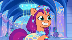 Size: 3072x1727 | Tagged: safe, screencap, sunny starscout, auroricorn, earth pony, pony, unicorn, crystal ball (episode), g5, my little pony: tell your tale, spoiler:g5, spoiler:my little pony: tell your tale, spoiler:tyts01e68, clothes, colt, dress, eyes closed, female, foal, grin, male, mare, smiling, solo focus, stallion, unnamed character