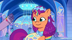 Size: 3072x1727 | Tagged: safe, screencap, izzy moonbow, sunny starscout, auroricorn, earth pony, pony, unicorn, crystal ball (episode), g5, my little pony: tell your tale, spoiler:g5, spoiler:my little pony: tell your tale, spoiler:tyts01e68, clothes, colt, dress, eyes closed, female, foal, grin, male, mare, offscreen character, smiling, solo focus, stallion, unnamed character