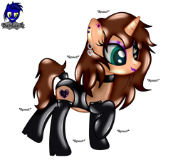 Size: 4608x4154 | Tagged: safe, artist:damlanil, oc, oc:chloe adore, oc:ferb fletcher, pegasus, pony, unicorn, bdsm, bodysuit, bondage, boots, bound wings, clothes, collar, commission, costume, disguise, dominant, duo, encasement, eyeshadow, female, gloves, high heel boots, high heels, horn, latex, latex boots, latex gloves, latex socks, latex suit, leotard, lipstick, living clothes, living latex, living suit, makeup, male, mare, mask, masking, onomatopoeia, ponysuit, raised hoof, rubber, rubber suit, shiny, shoes, show accurate, simple background, skintight clothes, socks, stallion, suit, transparent background, trapped, vector, wings