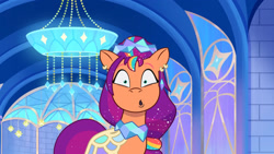 Size: 3072x1727 | Tagged: safe, screencap, sunny starscout, earth pony, pony, crystal ball (episode), g5, my little pony: tell your tale, spoiler:g5, spoiler:my little pony: tell your tale, spoiler:tyts01e68, :o, clothes, dress, female, mare, open mouth, shrunken pupils, solo