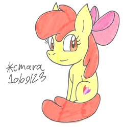 Size: 750x777 | Tagged: safe, artist:cmara, apple bloom, earth pony, pony, g4, adorabloom, cute, female, filly, foal, looking at you, simple background, sitting, smiling, solo, traditional art, white background