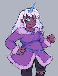 Size: 527x687 | Tagged: safe, artist:kreeeeeez, violet frost, human, g5, clothes, coat, dark skin, female, gray background, horn, horned humanization, humanized, plump, simple background, smiling, solo, violetbetes, white hair