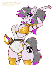 Size: 1884x2280 | Tagged: safe, artist:dandy, oc, oc only, oc:hazel radiate, unicorn, anthro, armor, belt, blushing, bra, breasts, cleavage, clothes, commission, ear fluff, eyebrows, eyebrows visible through hair, female, gold, horn, looking at you, one eye closed, panties, ponytail, simple background, solo, stretching, sword, toga, tongue out, unconvincing armor, underwear, unicorn oc, weapon, white background, wink