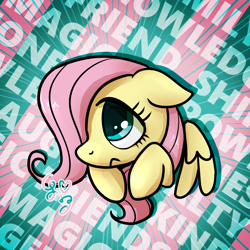 Size: 1000x1000 | Tagged: safe, artist:brella, fluttershy, pegasus, pony, g4, cute, daaaaaaaaaaaw, female, filly, filly fluttershy, hair over one eye, shy, shyabetes, solo, text, younger
