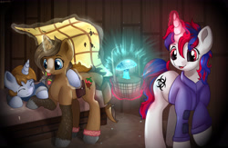 Size: 6142x4000 | Tagged: safe, artist:appleneedle, part of a set, oc, oc only, oc:littlepip, oc:snowi, oc:strawberry cocoa (the coco clan), monster pony, pony, unicorn, comic:littlepip and snowi and female strawberry cocoa 0, fallout equestria, absurd resolution, anklet, blanket, blaze (coat marking), blue eyes, blue mane, blue tail, brown coat, brown tail, catchlights, coat markings, colored hooves, commission, cozy, cute, detailed background, ears up, eyelashes, eyes closed, eyes open, facial markings, female, food, friends, gray hooves, hoof ring, hooves, horn, hut, jewelry, larger female, leg fluff, lidded eyes, long mane, magic, magic aura, mane, mare, mushroom, night, ocbetes, part of a series, pony oc, raised hoof, red eyes, red mane, red tail, segmented tail, size difference, sleeping, smaller female, smiling, strawberry, tail, telekinesis, tired, trio, trio female, two toned coat, two toned mane, two toned tail, unicorn oc