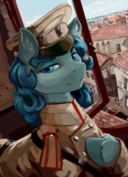 Size: 2055x2836 | Tagged: safe, artist:kelkessel, oc, oc only, oc:alesia snezhnaya, earth pony, pony, equestria at war mod, clothes, detailed background, female, high res, mare, military uniform, solo, uniform