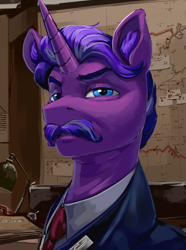 Size: 1560x2100 | Tagged: safe, artist:kelkessel, oc, oc only, oc:laurus rootov, pony, unicorn, eaw redux, equestria at war mod, bust, detailed background, facial hair, male, moustache, portrait, solo, stalliongrad