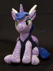 Size: 3260x4347 | Tagged: safe, artist:selenophile, princess luna, alicorn, pony, g4, advertisement, bunny ears, bunny suit, clothes, fishnet stockings, irl, lidded eyes, photo, plushie, solo, text
