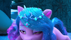 Size: 1280x720 | Tagged: safe, screencap, izzy moonbow, pony, unicorn, g5, my little pony: make your mark, my little pony: make your mark chapter 6, secrets of starlight, spoiler:g5, spoiler:my little pony: make your mark, spoiler:my little pony: make your mark chapter 6, spoiler:mymc06e04, blue mane, cropped, crystal horn, ears up, gradient mane, horn, izzy is best facemaker, makeup, out of context, purple body, snow, solo, tree trunk