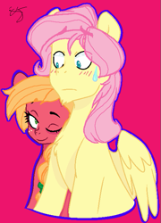 Size: 485x675 | Tagged: safe, artist:pandaspiner, artist:party_like_its_2011, derpibooru exclusive, big macintosh, fluttershy, earth pony, pegasus, pony, g4, base used, blushing, butterscotch, chest fluff, female, freckles, height difference, looking at each other, looking at someone, macareina, magenta background, male, mare, one eye closed, outline, rule 63, ship:butterreina, ship:fluttermac, shipping, smiling, smiling at each other, stallion, straight, sweat, sweatdrop, wink