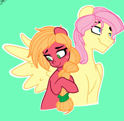 Size: 772x754 | Tagged: safe, artist:pandaspiner, artist:party_like_its_2011, derpibooru exclusive, big macintosh, fluttershy, earth pony, pegasus, pony, g4, base used, butterscotch, embarrassed, female, freckles, green background, height difference, looking away, macareina, male, mare, one wing out, outline, rule 63, ship:butterreina, ship:fluttermac, shipping, simple background, smiling, stallion, straight, wings