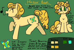 Size: 1800x1200 | Tagged: safe, artist:allhallowsboon, oc, oc only, oc:hallow boon, earth pony, pony, 2022, dock, earth pony oc, female, green eyes, hallow moon, png, ponified, reference sheet, simple background, singing, sitting, tail, text, yellow coat, yellow mane