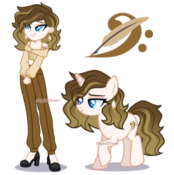 Size: 2290x2310 | Tagged: safe, artist:skyfallfrost, oc, oc only, oc:feather melody, human, pony, unicorn, equestria girls, g4, blue eyes, clothes, cutie mark tattoo, ear piercing, earring, feather, female, high heels, high res, jewelry, mare, midriff, pants, piercing, shoes, simple background, smiling, solo, tattoo, transparent background