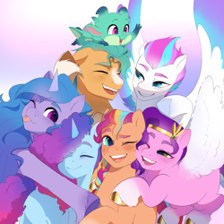 Size: 2308x2307 | Tagged: safe, artist:aztrial, hitch trailblazer, izzy moonbow, misty brightdawn, pipp petals, sparky sparkeroni, sunny starscout, zipp storm, dragon, earth pony, pegasus, pony, unicorn, g5, adorapipp, adorazipp, baby, baby dragon, cornrows, cute, female, group, group hug, happy, high res, hug, large wings, male, mane five, mane six (g5), mane stripe sunny, royal sisters (g5), siblings, sisters, smiling, stallion, tongue out, wings