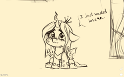 Size: 1801x1125 | Tagged: safe, artist:dorkmark, queen chrysalis, alicorn, changedling, changeling, pony, g4, chibi, crying, cute, cutealis, looking at you, sad, sadorable, sketch, solo, teary eyes, wavy mouth