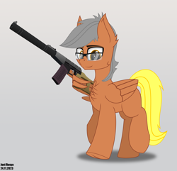 Size: 2900x2800 | Tagged: safe, artist:just rusya, derpibooru exclusive, oc, oc only, pegasus, pony, chest fluff, glasses, gradient background, gun, high res, raised hoof, rifle, smiling, solo, suppressor, trigger discipline, underhoof, vss vintorez, weapon, wing hands, wing hold, wings