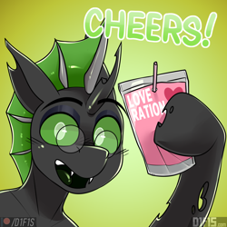 Size: 2160x2160 | Tagged: safe, alternate character, alternate version, artist:difis, oc, oc only, oc:dronea-24-753, changeling, bust, cute, drink, glasses, gradient background, green changeling, happy, high res, juice, love, portrait, solo, text