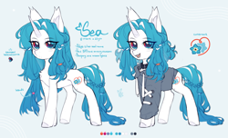 Size: 4755x2885 | Tagged: safe, artist:monphys, oc, hybrid, pony, unicorn, beauty mark, big ears, braid, braided tail, chest fluff, closed mouth, clothed ponies, clothes, collar, color palette, concave belly, cute, cute little fangs, design, ear tufts, fangs, female, heterochromia, hoodie, hooves, horn, light blue background, mare, multicolored eyes, open mouth, quadrupedal, reference, reference sheet, simple background, solo, standing, sweater, tail, unicorn oc