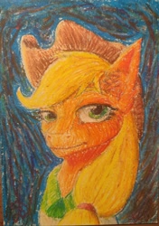 Size: 2564x3633 | Tagged: safe, artist:bruttas46, applejack, earth pony, pony, g4, bust, clothes, cowboy hat, ear fluff, female, fine art parody, hat, high res, mare, pastel, photo, portrait, traditional art, vincent van gogh