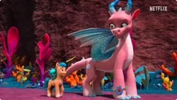 Size: 1125x633 | Tagged: safe, screencap, hitch trailblazer, sparky sparkeroni, tumble (g5), dragon, earth pony, pony, g5, my little pony: make your mark, my little pony: make your mark chapter 6, the isle of scaly, spoiler:g5, logo, male, netflix, netflix logo, stallion, the isle of scaly (location)