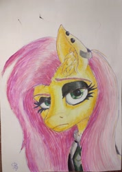 Size: 2568x3607 | Tagged: safe, artist:bruttas46, fluttershy, pegasus, pony, fake it 'til you make it, g4, black eyeshadow, bust, clothes, ear fluff, ear piercing, earring, eyebrows, eyeshadow, female, fluttergoth, head tilt, high res, jewelry, looking at you, makeup, mare, markers, painting, photo, piercing, portrait, poster paint, raised eyebrow, traditional art, unamused