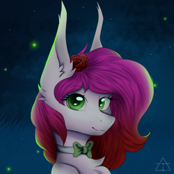 Size: 1768x1768 | Tagged: safe, oc, oc only, oc:ellie berryheart, firefly (insect), insect, pegasus, pony, g4, big ears, bowtie, bust, ear fluff, female, flower, flower in hair, fluffy, green eyes, long ears, looking at you, night, portrait, smiling, solo