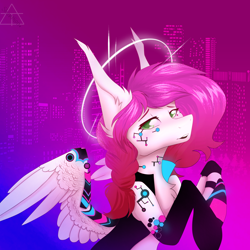 Size: 3104x3104 | Tagged: safe, oc, oc only, oc:ellie berryheart, pegasus, pony, g4, braid, cyberpunk, female, gradient background, green eyes, high res, implants, long ears, looking at you, purple background, solo