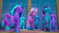 Size: 600x338 | Tagged: safe, screencap, violet frost, auroricorn, pony, unicorn, g5, my little pony: make your mark, my little pony: make your mark chapter 6, secrets of starlight, spoiler:g5, spoiler:my little pony: make your mark, spoiler:my little pony: make your mark chapter 6, spoiler:mymc06e04, animated, background pony, dancing, female, gif, male, mare, physique difference, stallion, starshine time, unnamed character, unnamed pony