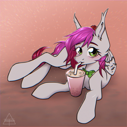 Size: 2560x2560 | Tagged: safe, artist:shinech9, oc, oc only, oc:ellie berryheart, pegasus, pony, g4, abstract background, alcohol, blushing, bowtie, cocktail, cute, drink, female, flower, flower in hair, gradient background, green eyes, high res, long ears, looking at you, solo, tail, wings