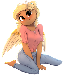 Size: 3351x3389 | Tagged: safe, artist:potato22, oc, oc only, oc:mareota, pegasus, anthro, plantigrade anthro, barefoot, blushing, breasts, clothes, denim, feet, female, high res, jeans, looking at you, mare, missing shoes, pants, reasonably sized breasts, simple background, smiling, smiling at you, solo, transparent background, wings