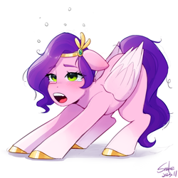 Size: 2048x2048 | Tagged: safe, artist:xiaowu07, pipp petals, pegasus, pony, g5, adorapipp, behaving like a cat, cute, female, high res, iwtcipp, iwtcird, mare, meme, misleading thumbnail, pipp is short, pipp is smol, simple background, smol, solo, stretching, white background, yawn