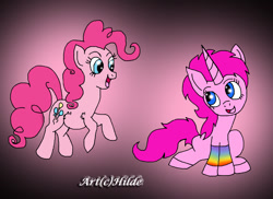 Size: 1142x832 | Tagged: safe, artist:the-unicorn-artist, pinkie pie, oc, oc:lilly, earth pony, pony, unicorn, g4, female, simple background