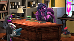 Size: 3840x2160 | Tagged: safe, artist:nightmarezoroark, oc, oc only, oc:lucid rose, oc:midnight sparkle, alicorn, wolf, wolf pony, zorua, anthro, comic:lovely assistant, 3d, book, bookshelf, chair, desk lamp, file cabinet, high res, office chair, phone, pokémon, size difference, table, window