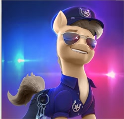 Size: 888x854 | Tagged: safe, artist:fuckomcfuck, edit, edited screencap, screencap, oc, oc:all star, earth pony, pony, g5, my little pony: a new generation, spoiler:my little pony: a new generation, clothes, johnny cage, key, police badge, police hat, police officer, police uniform, solo, sunglasses