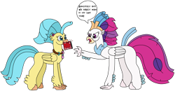 Size: 2967x1545 | Tagged: safe, artist:supahdonarudo, princess skystar, queen novo, classical hippogriff, hippogriff, series:novoember, g4, my little pony: the movie, angry, dialogue, flower, flower in hair, freckles, holding, mouth hold, pun, simple background, speech bubble, text, transparent background