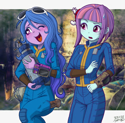 Size: 1000x978 | Tagged: safe, artist:uotapo, izzy moonbow, sunny flare, human, fallout equestria, equestria girls, g4, g5, blushing, clothes, cute, duo, duo female, equestria girls-ified, fallout, female, folder, g5 to equestria girls, generation leap, heart, heart eyes, izzybetes, jumpsuit, one eye closed, open mouth, open smile, pip-boy, rust, smiling, sunglasses, sweat, sweatdrop, vault boy, vault suit, wingding eyes, wink, wrench