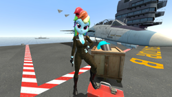 Size: 1920x1080 | Tagged: safe, artist:oatmeal!, rainbow dash, human, equestria girls, g4, 3d, accessory swap, aircraft carrier, boots, breasts, cleavage, clothes, f-14 tomcat, flight suit, gmod, helmet, high heel boots, jet, jet fighter, jet plane, jumpsuit, looking at you, military, navy, ocean, plane, shoes, solo, standing, tools, water