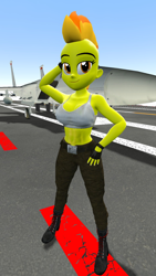 Size: 1080x1920 | Tagged: safe, artist:oatmeal!, spitfire, human, equestria girls, g4, 3d, abs, aircraft carrier, arm behind head, boots, breasts, busty spitfire, cleavage, clothes, f-15 eagle, fingerless gloves, gloves, gmod, hand on hip, high heel boots, humanized, jet, jet fighter, jet plane, looking at you, military, navy, plane, shoes, solo, tank top